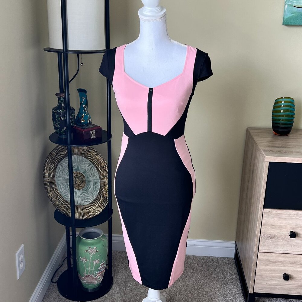VfEmage Black and Pink Color Block Contemporary Dress